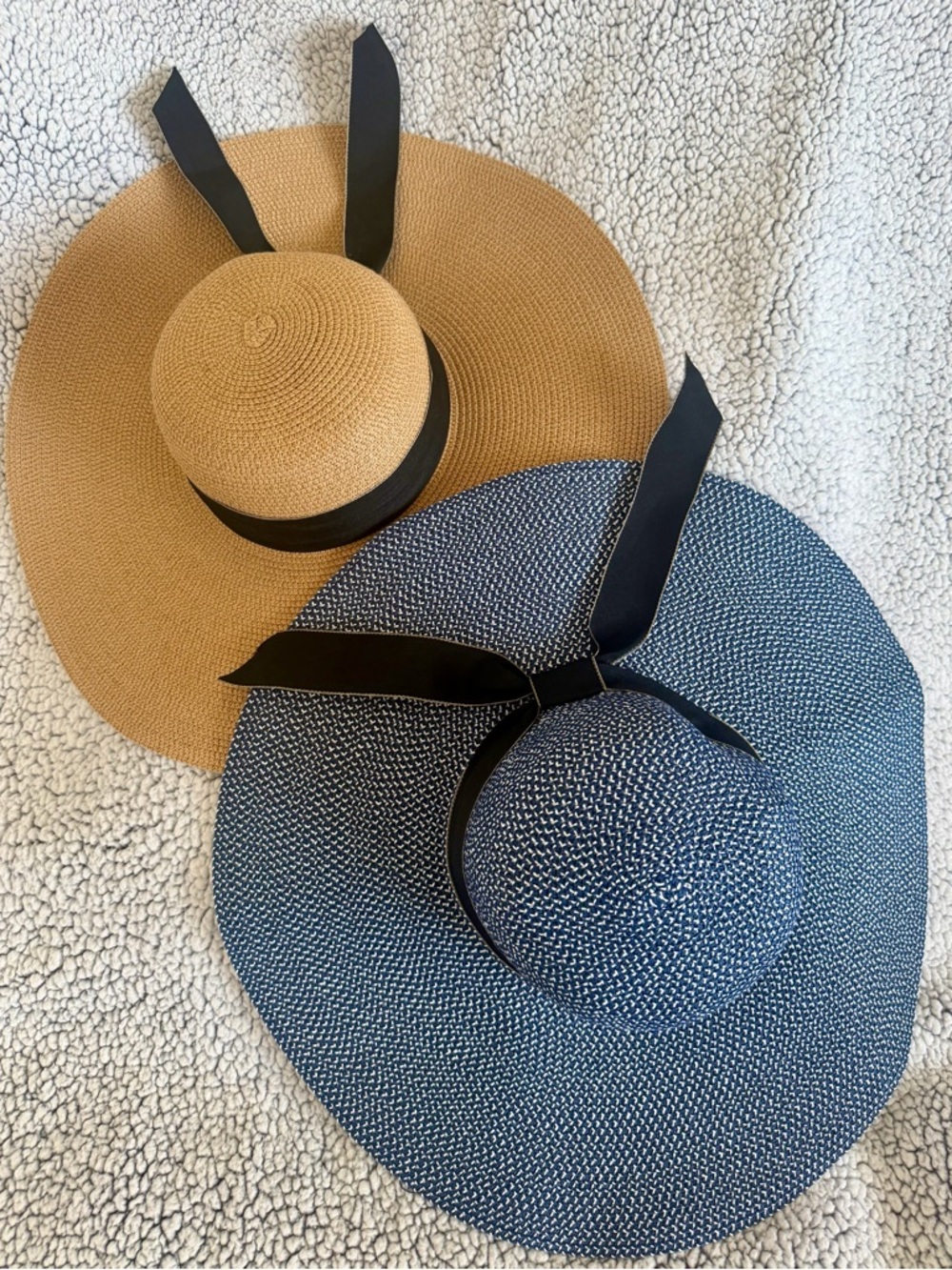 Bundle! - Two Wide Brim Sun Hats- Black Ribbon Trim - Tan and Navy